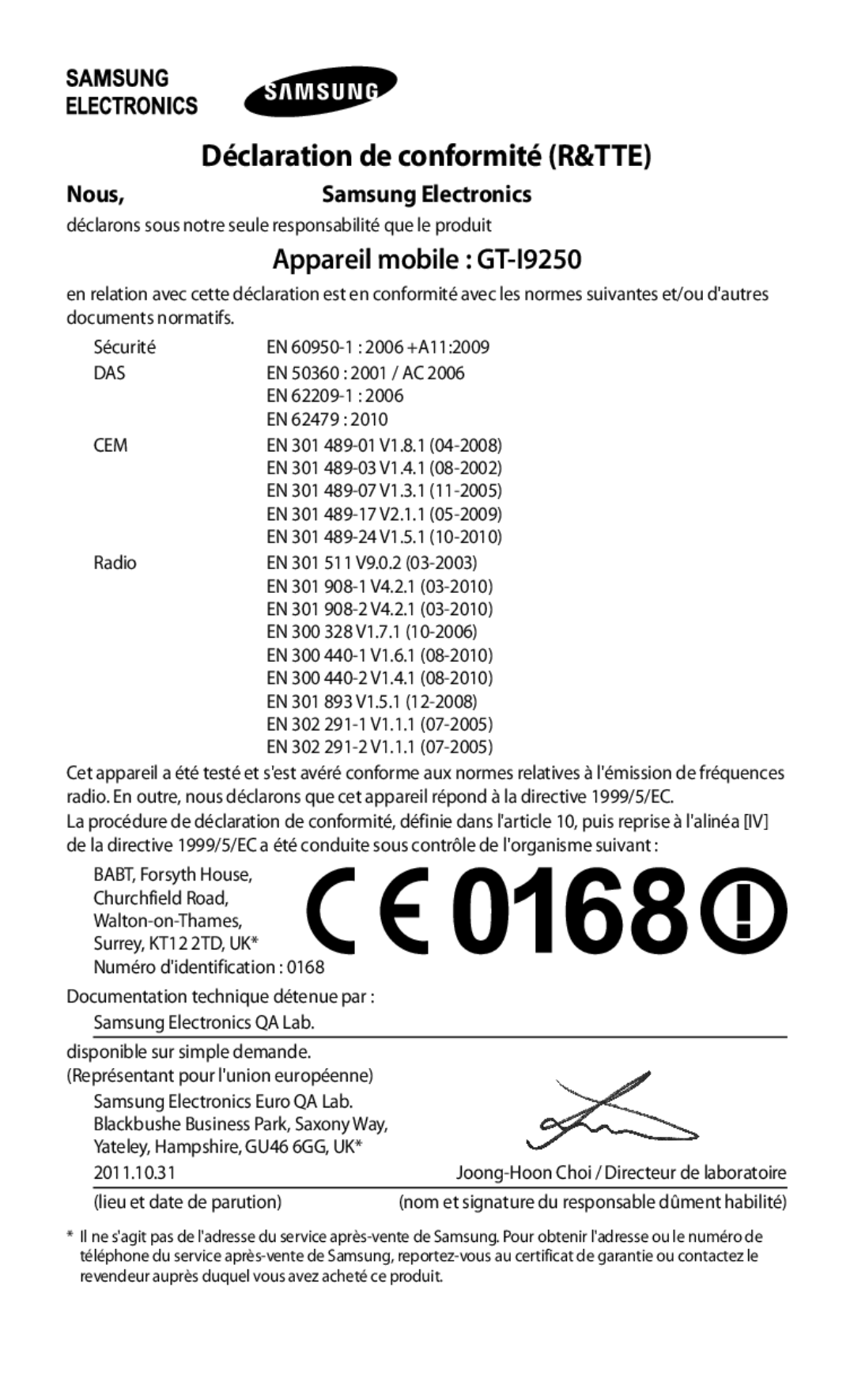 Samsung GT-I9250TSABOG, GT-I9250TSAVGF, GT-I9250TSASFR manual Appareil mobile GT-I9250, Déclaration de conformité R&TTE, Nous 