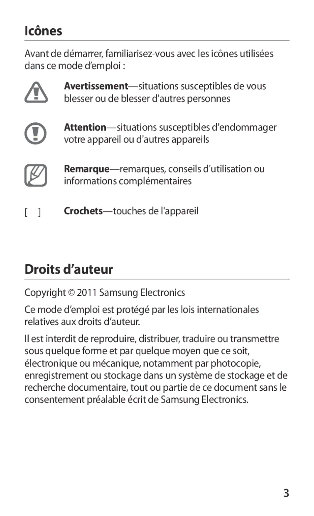 Samsung GT-I9250TSABOG, GT-I9250TSAVGF manual Icônes, Droits d’auteur, Remarque-remarques, conseils dutilisation ou 