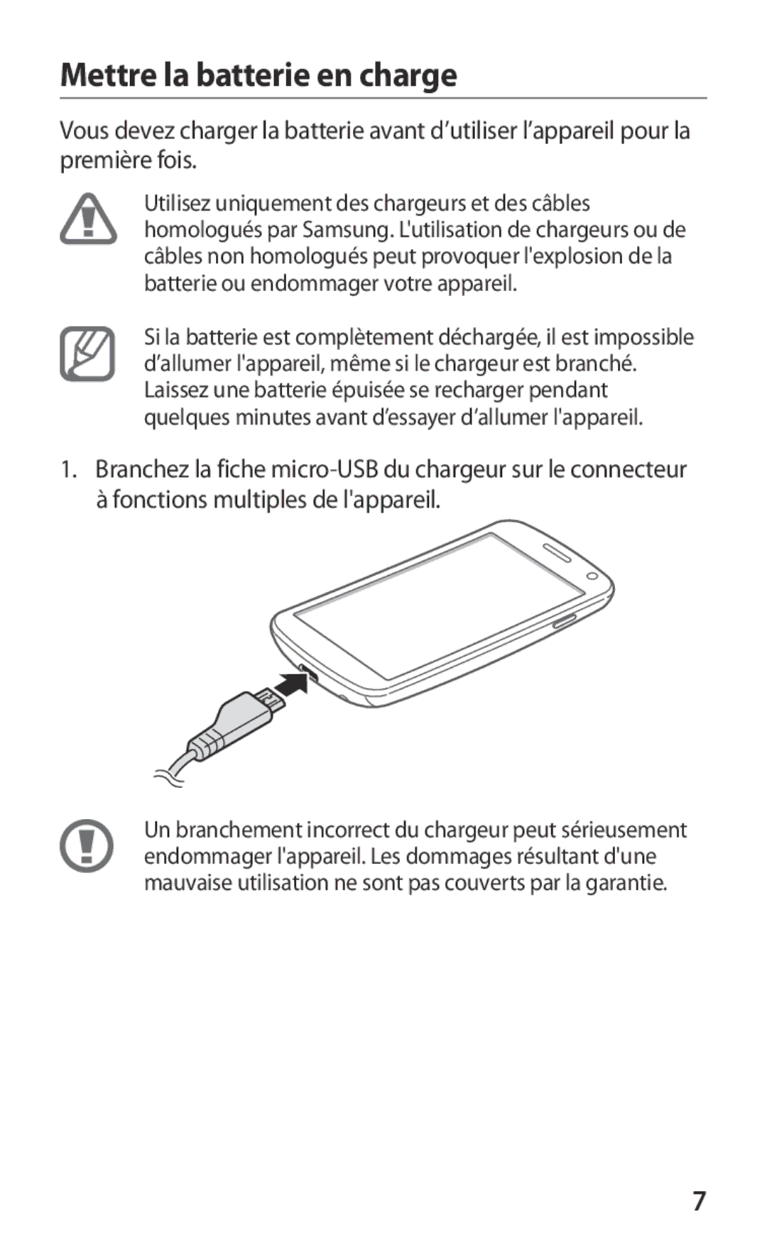 Samsung GT-I9250TSAVGF, GT-I9250TSASFR, GT-I9250TSANRJ, GT-I9250TSABOG, GT-I9250CWAXEF manual Mettre la batterie en charge 