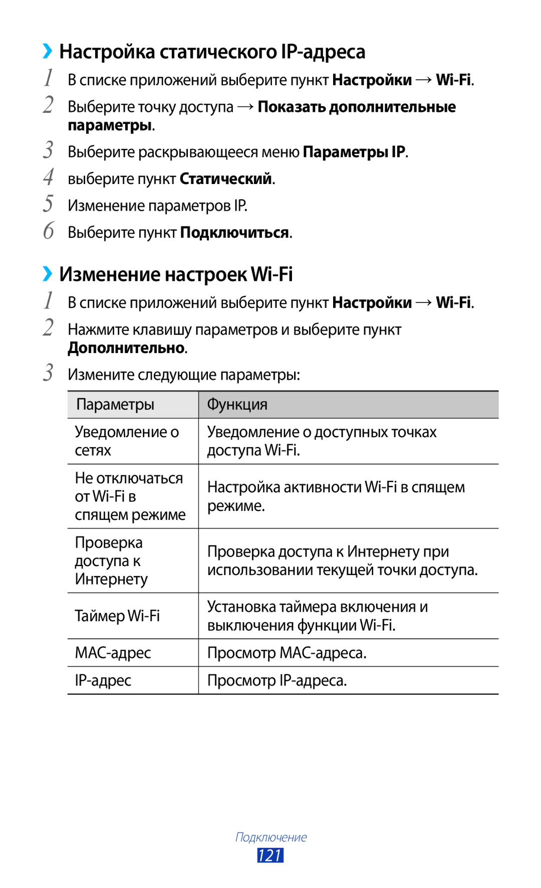 Samsung GT-I9260AAASER, GT-I9260RWASER manual Настройка статического IP-адреса, Изменение настроек Wi-Fi, 121, Параметры 