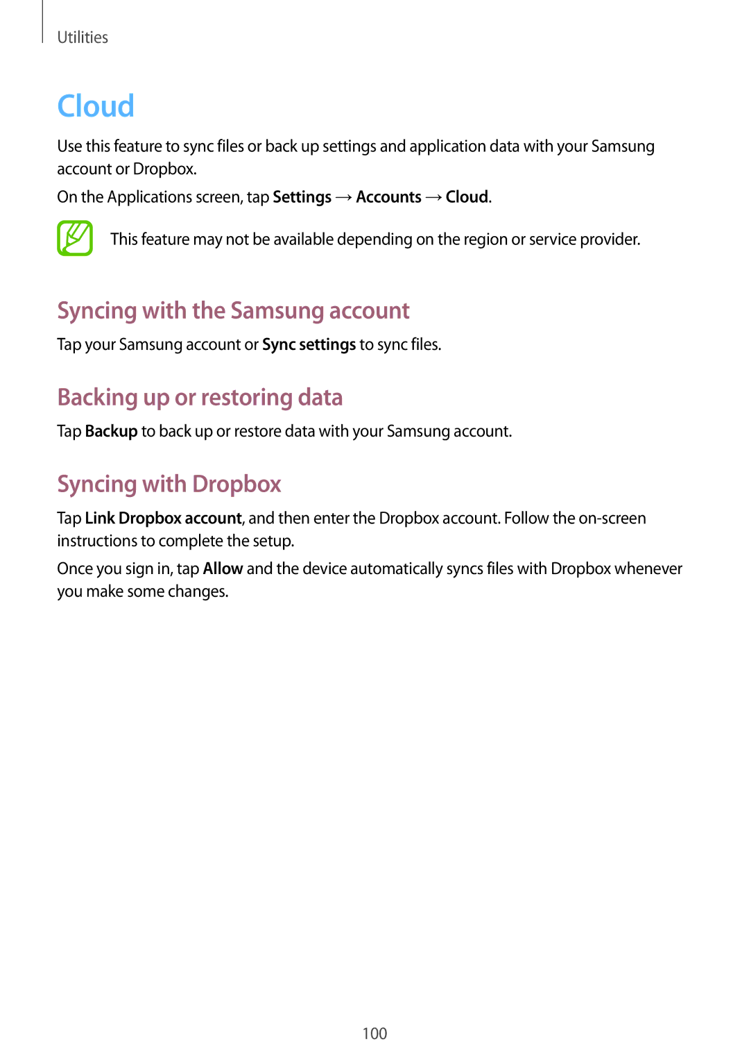 Samsung GT-I9295 user manual Cloud, Syncing with the Samsung account, Backing up or restoring data, Syncing with Dropbox 