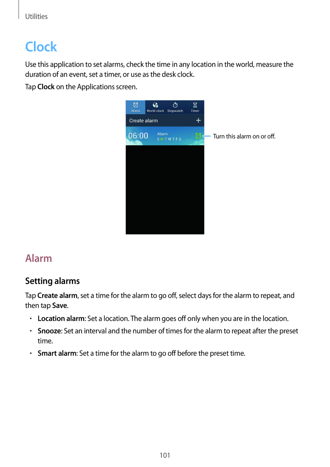 Samsung GT-I9295 user manual Clock, Alarm, Setting alarms 