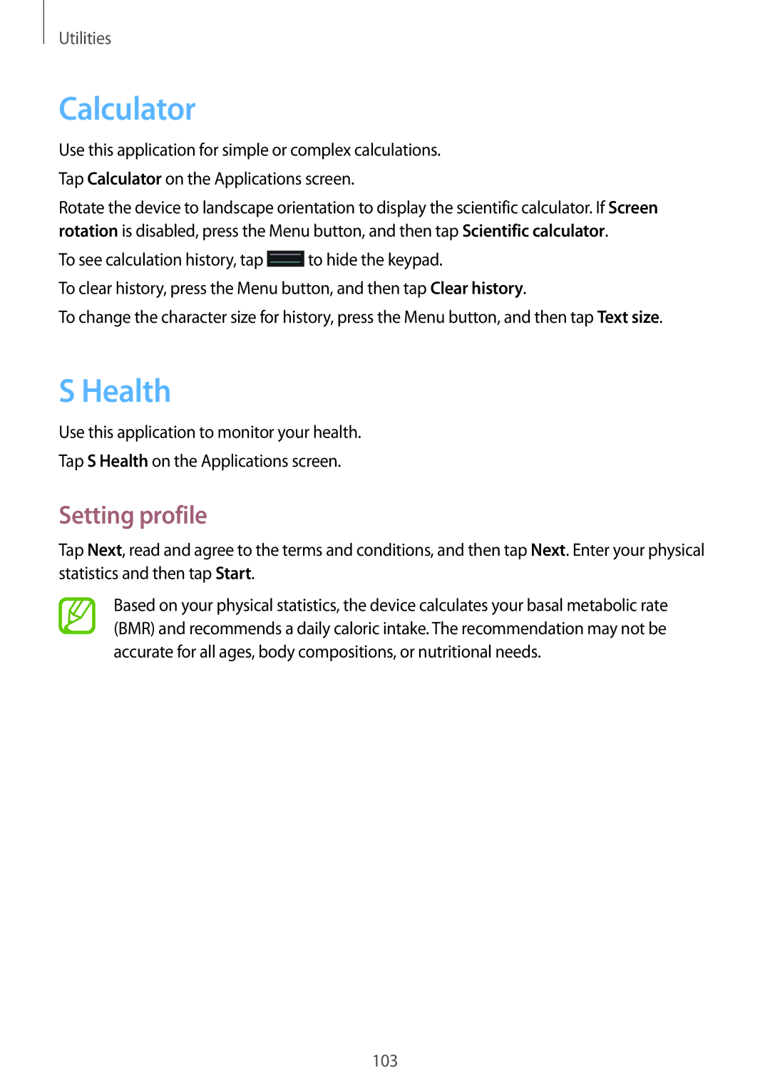 Samsung GT-I9295 user manual Calculator, Health, Setting profile 