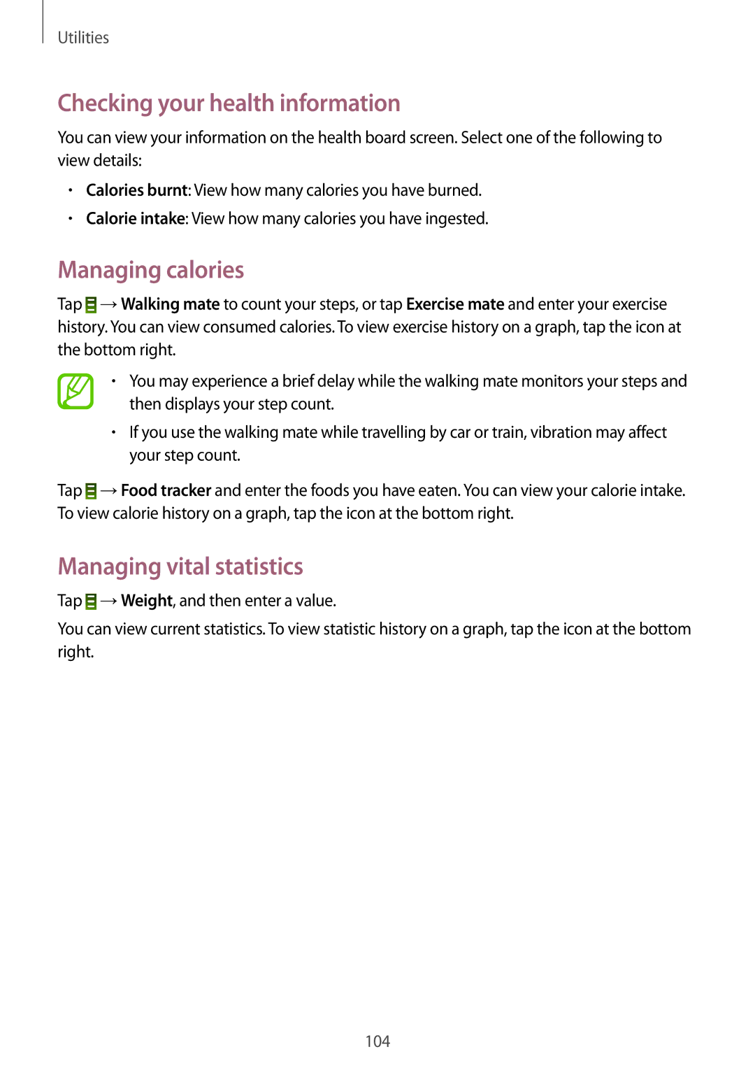 Samsung GT-I9295 user manual Checking your health information, Managing calories, Managing vital statistics 