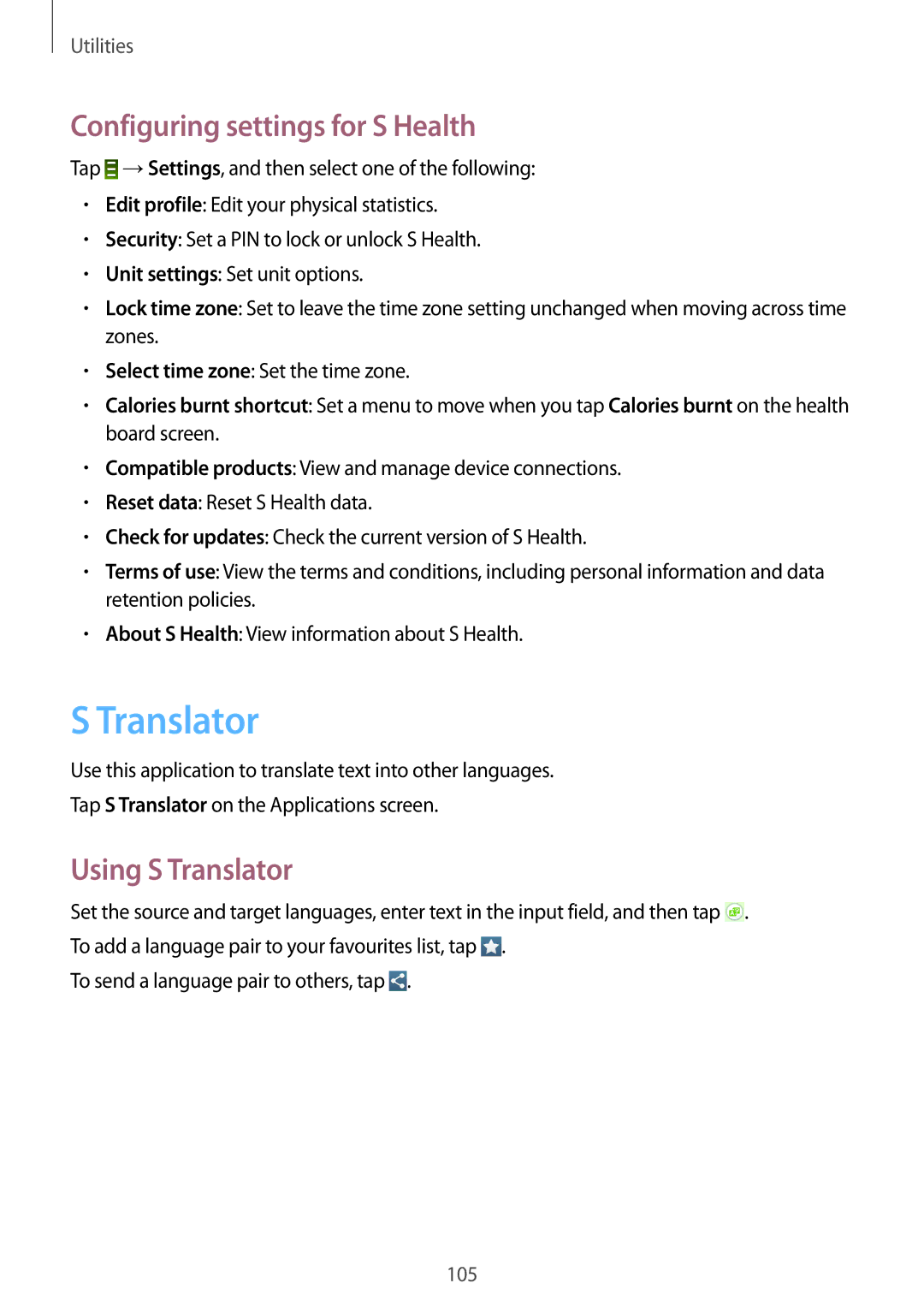 Samsung GT-I9295 user manual Configuring settings for S Health, Using S Translator 