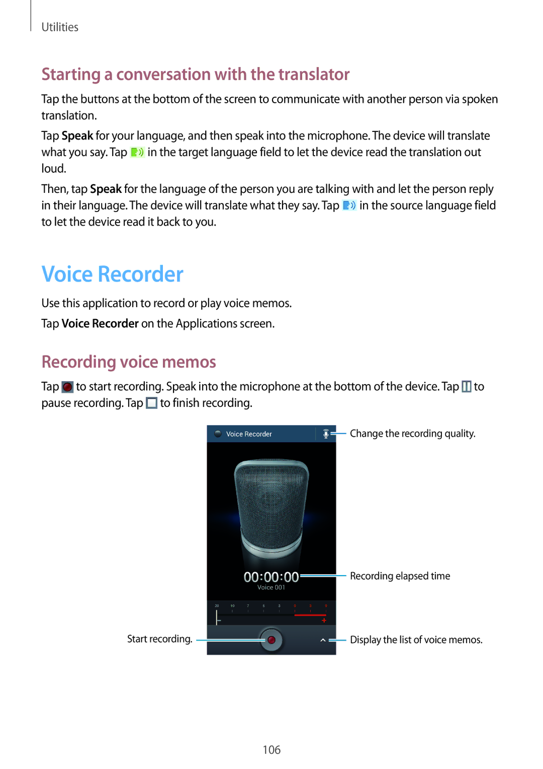 Samsung GT-I9295 user manual Voice Recorder, Starting a conversation with the translator, Recording voice memos 