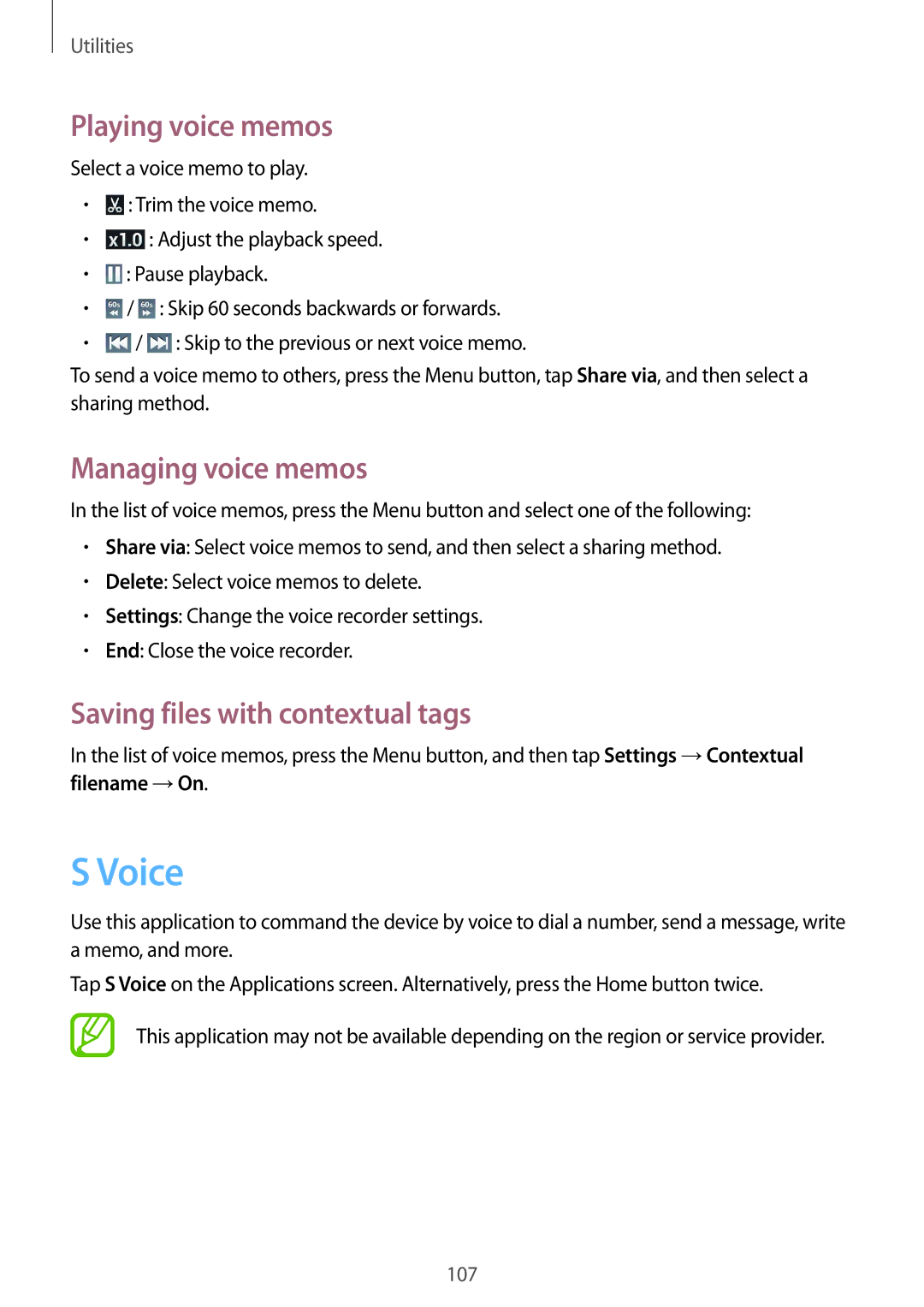 Samsung GT-I9295 user manual Voice, Playing voice memos, Managing voice memos, Saving files with contextual tags 