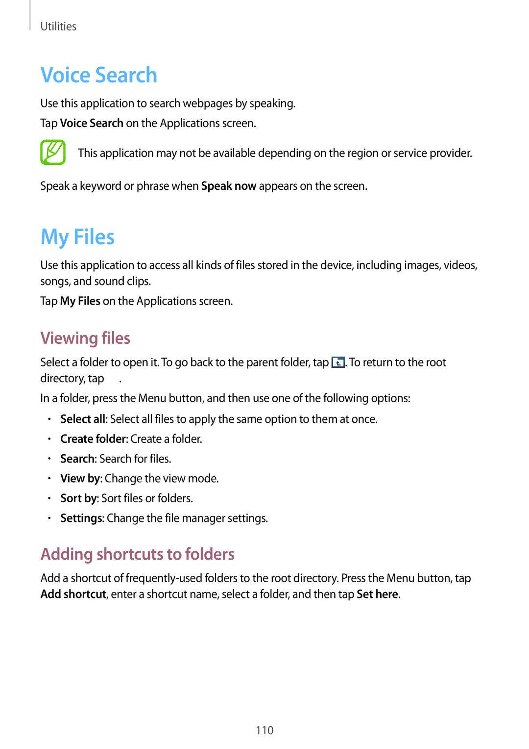 Samsung GT-I9295 user manual Voice Search, My Files, Viewing files, Adding shortcuts to folders 