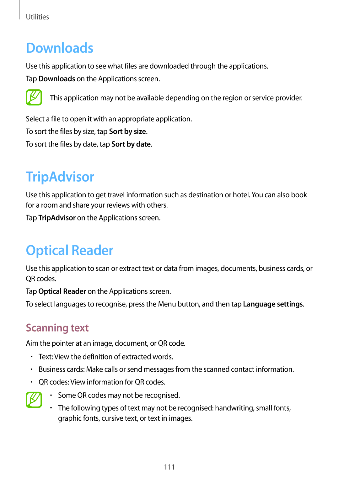 Samsung GT-I9295 user manual Downloads, TripAdvisor, Optical Reader, Scanning text 