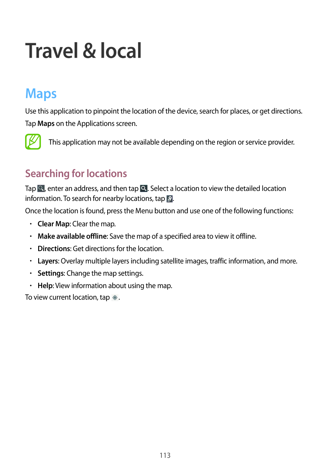 Samsung GT-I9295 user manual Travel & local, Maps, Searching for locations 