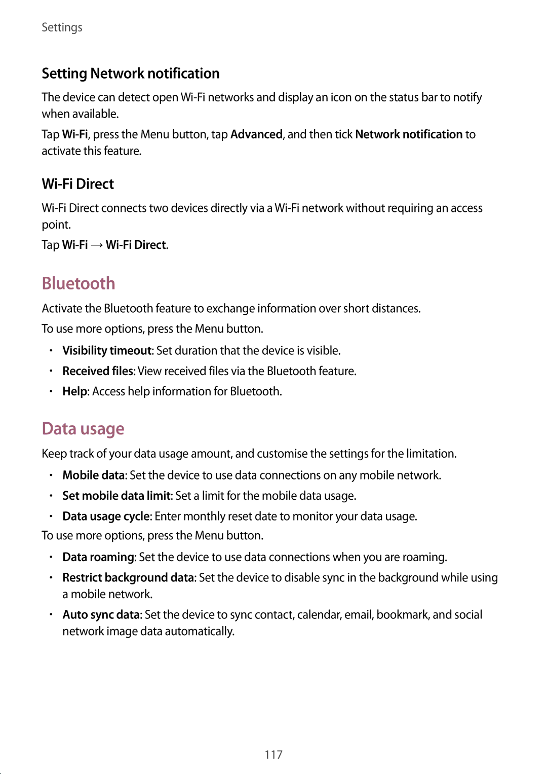 Samsung GT-I9295 user manual Bluetooth, Data usage, Setting Network notification, Tap Wi-Fi →Wi-Fi Direct 