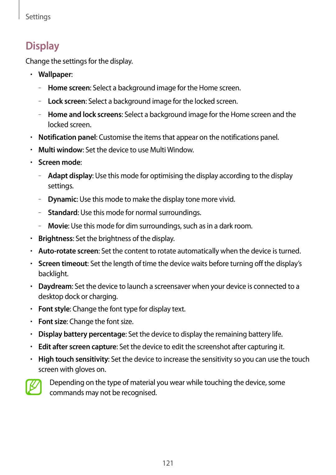 Samsung GT-I9295 user manual Display, Wallpaper, Screen mode 