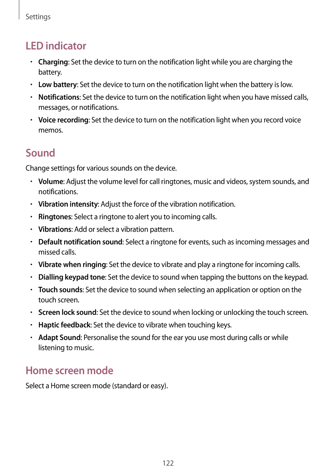 Samsung GT-I9295 user manual LED indicator, Sound, Home screen mode 