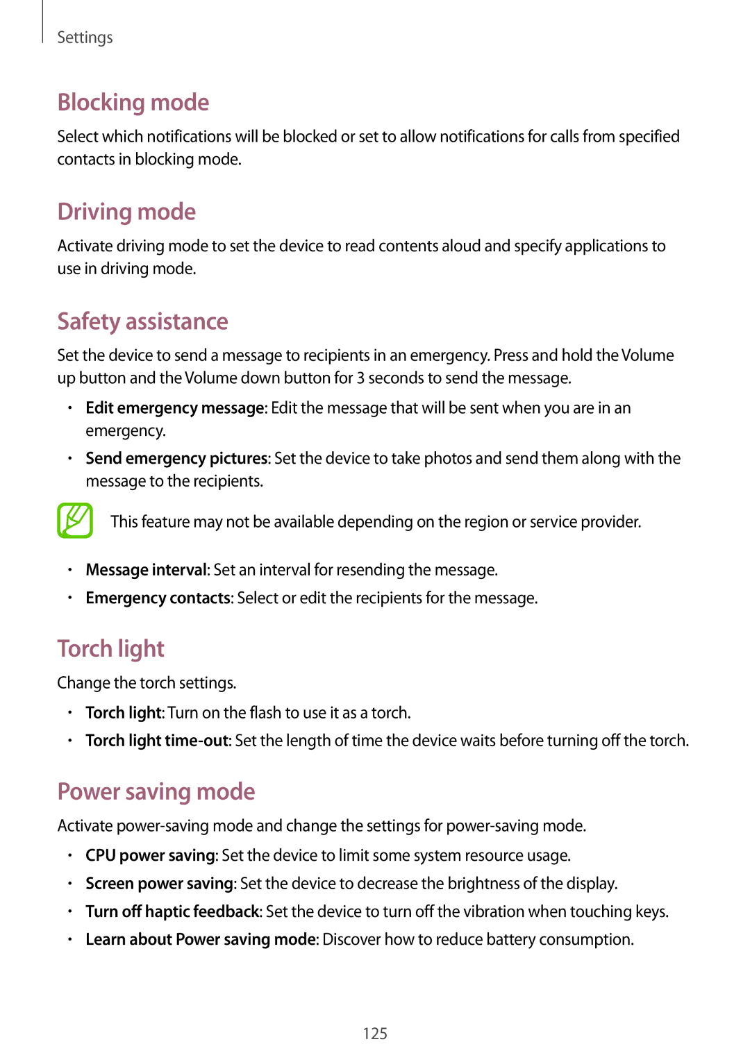 Samsung GT-I9295 user manual Blocking mode, Safety assistance, Torch light, Power saving mode 