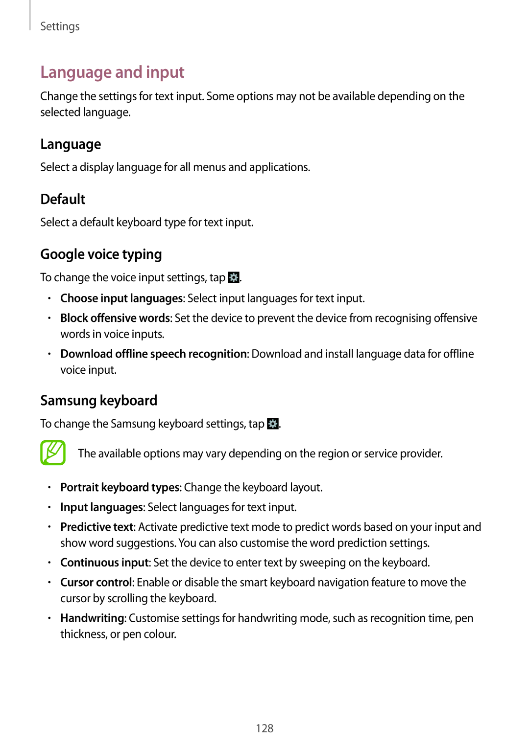 Samsung GT-I9295 user manual Language and input, Default, Google voice typing, Samsung keyboard 