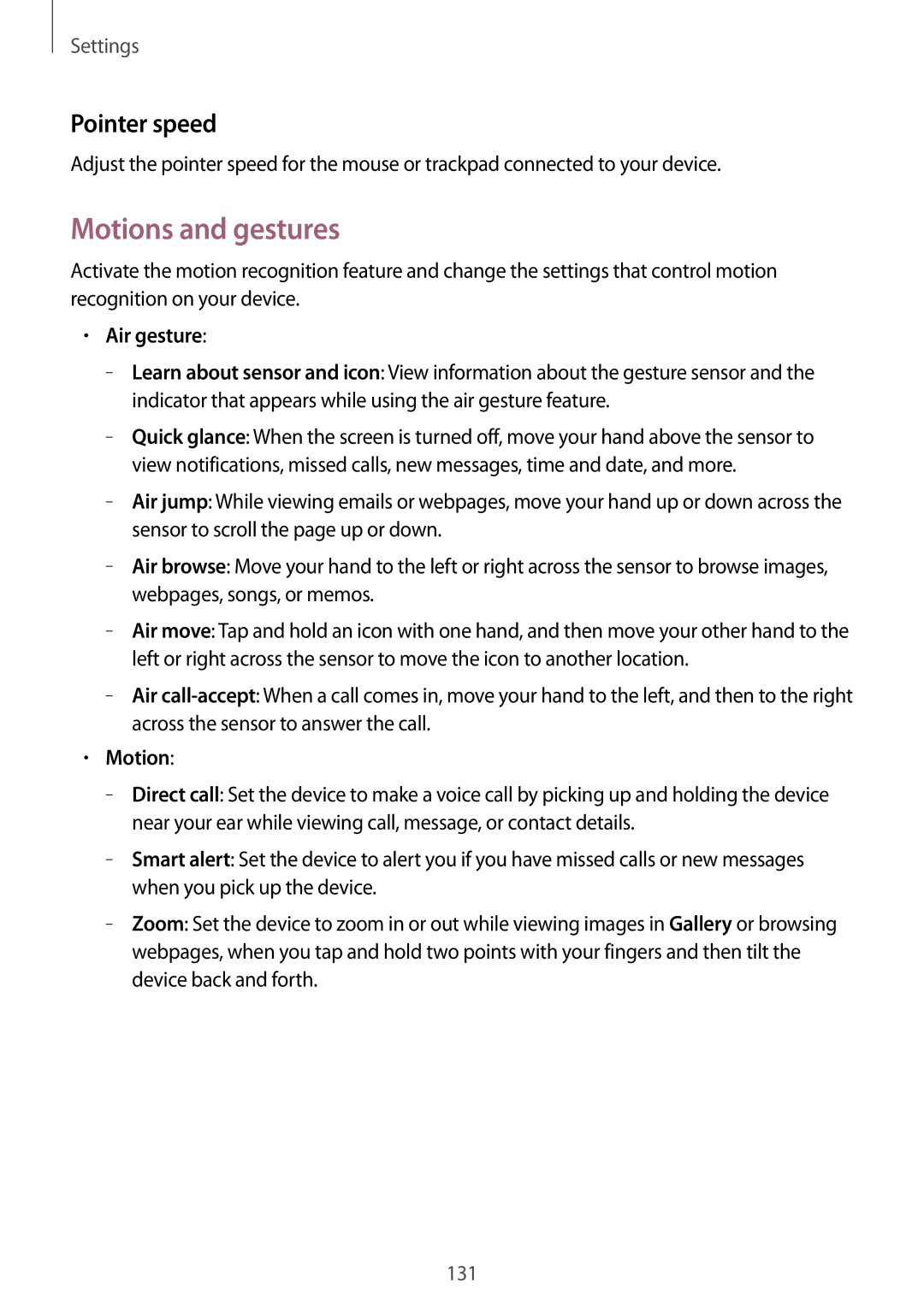 Samsung GT-I9295 user manual Motions and gestures, Pointer speed, Air gesture 