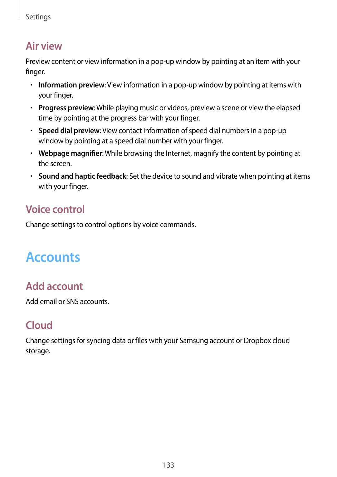 Samsung GT-I9295 user manual Accounts, Air view, Voice control, Add account, Cloud 