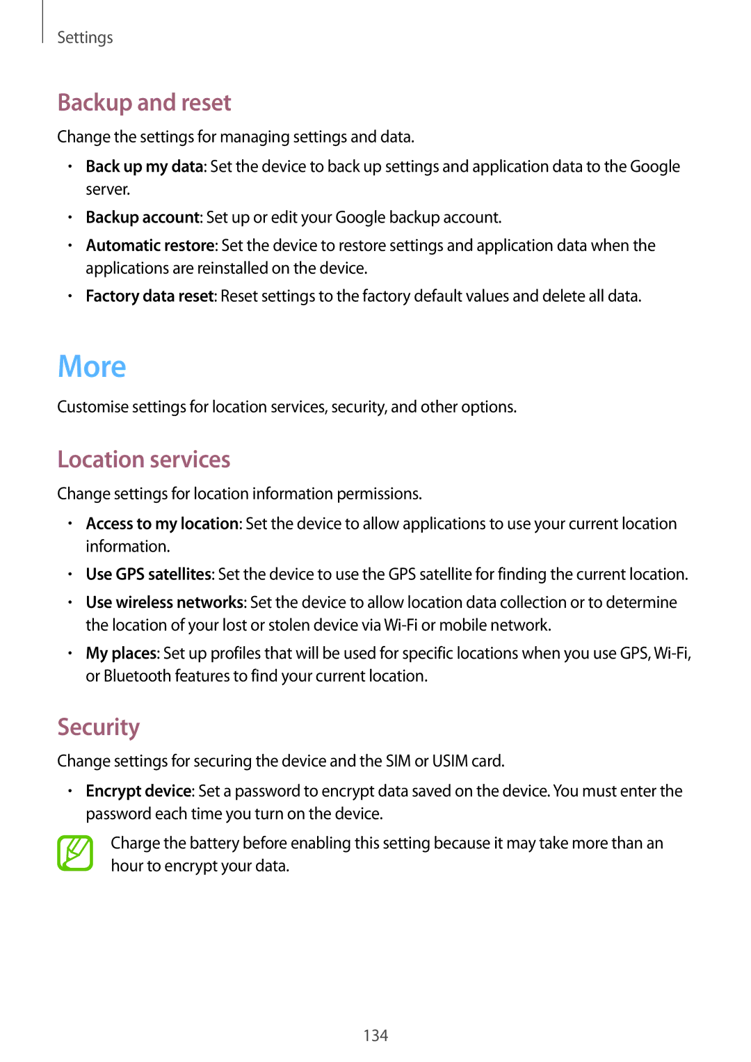 Samsung GT-I9295 user manual More, Backup and reset, Location services, Security 