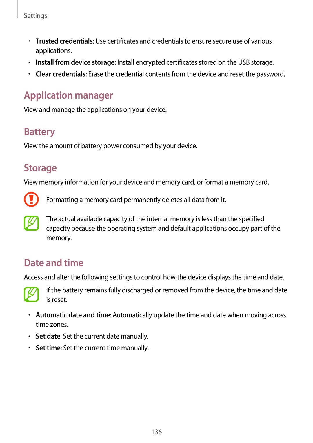 Samsung GT-I9295 user manual Application manager, Battery, Storage, Date and time 