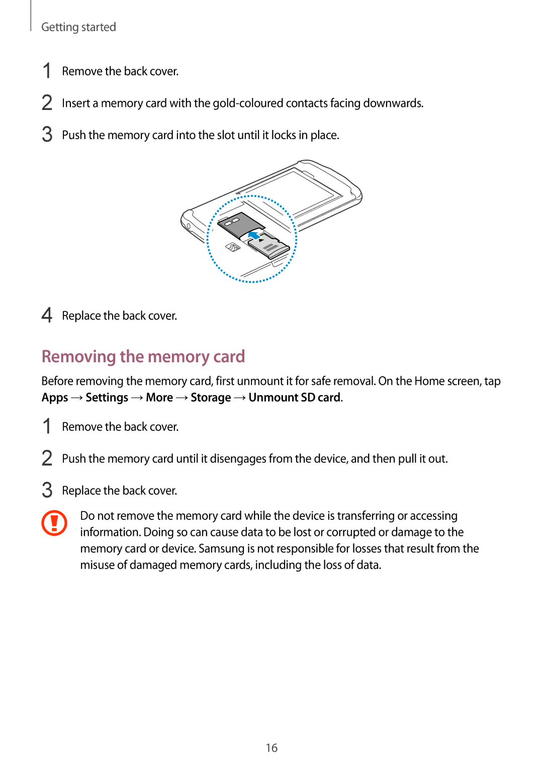 Samsung GT-I9295 user manual Removing the memory card 