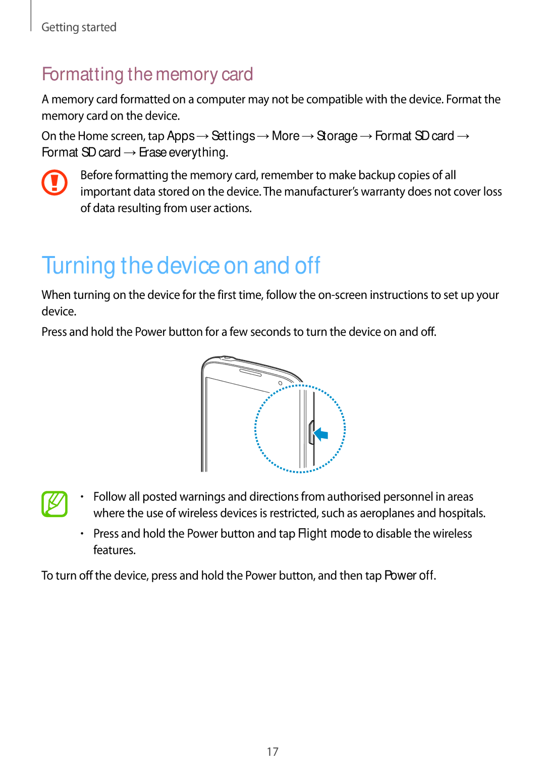 Samsung GT-I9295 user manual Turning the device on and off, Formatting the memory card 