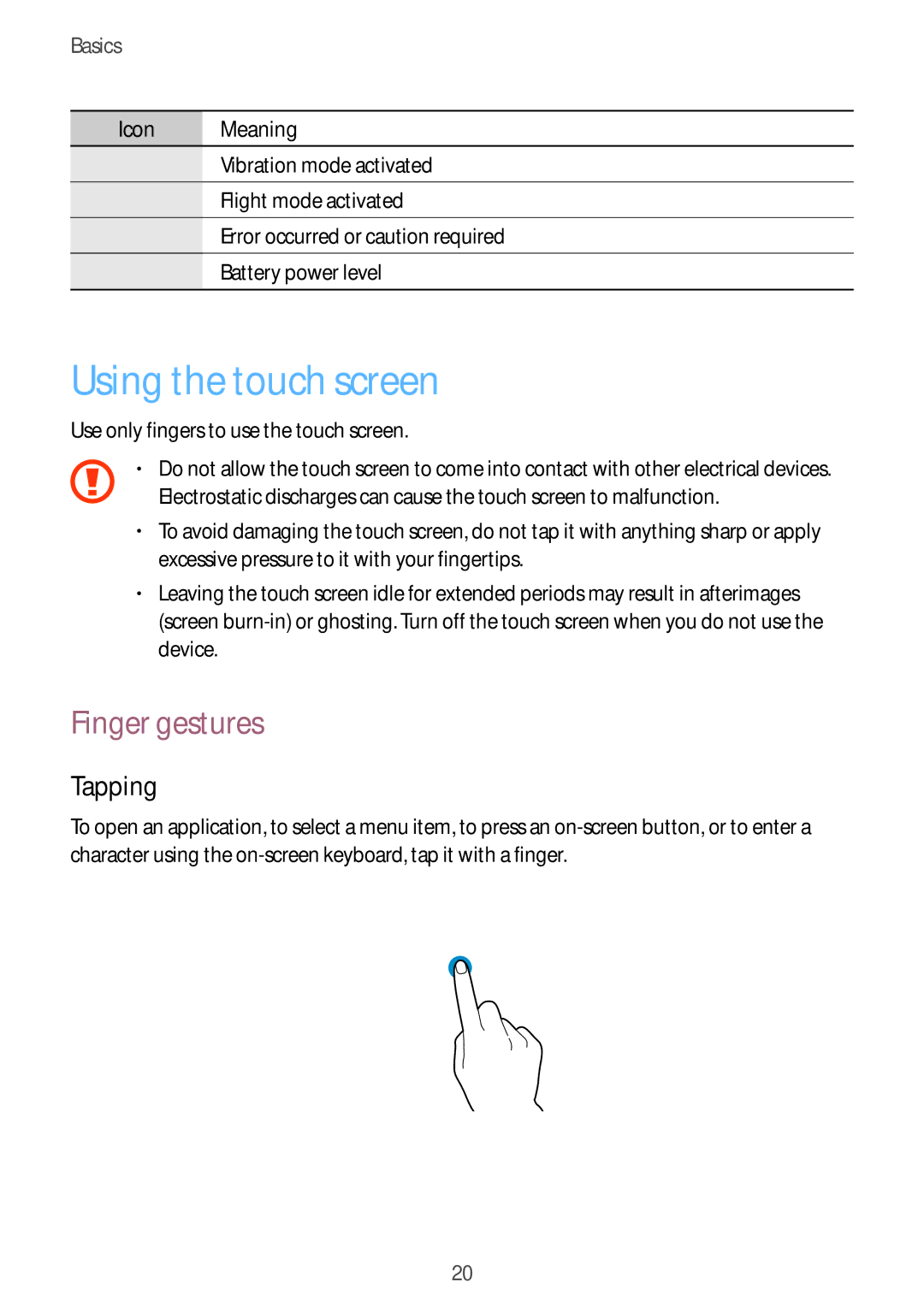 Samsung GT-I9295 user manual Using the touch screen, Finger gestures, Tapping 