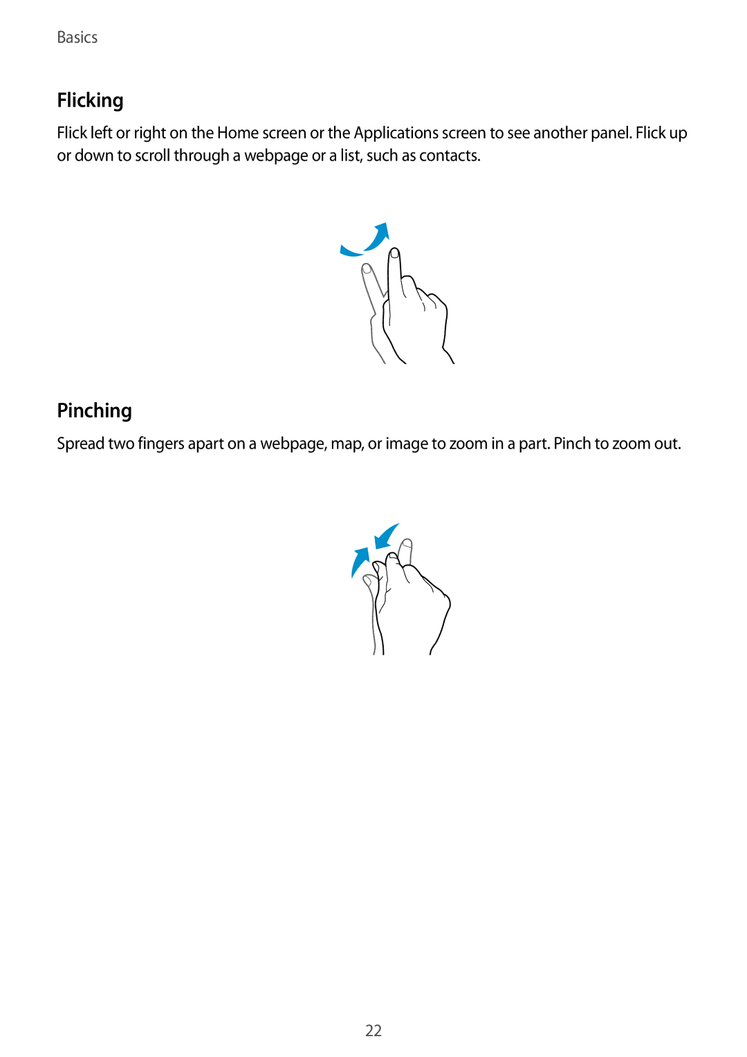 Samsung GT-I9295 user manual Flicking, Pinching 