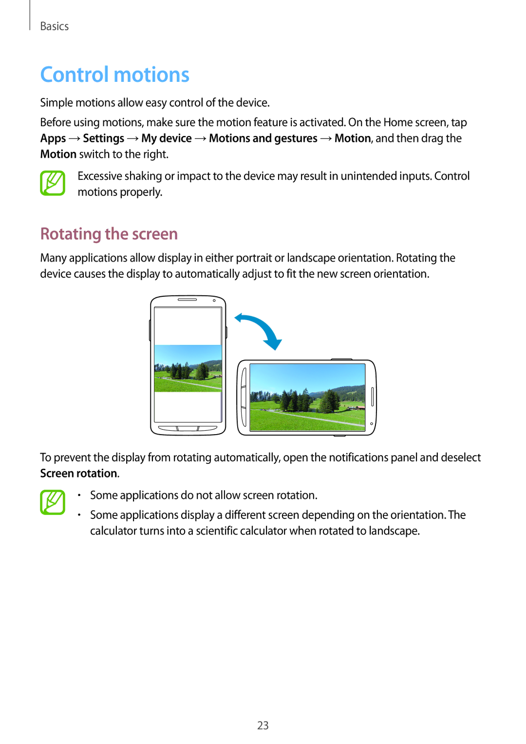 Samsung GT-I9295 user manual Control motions, Rotating the screen 