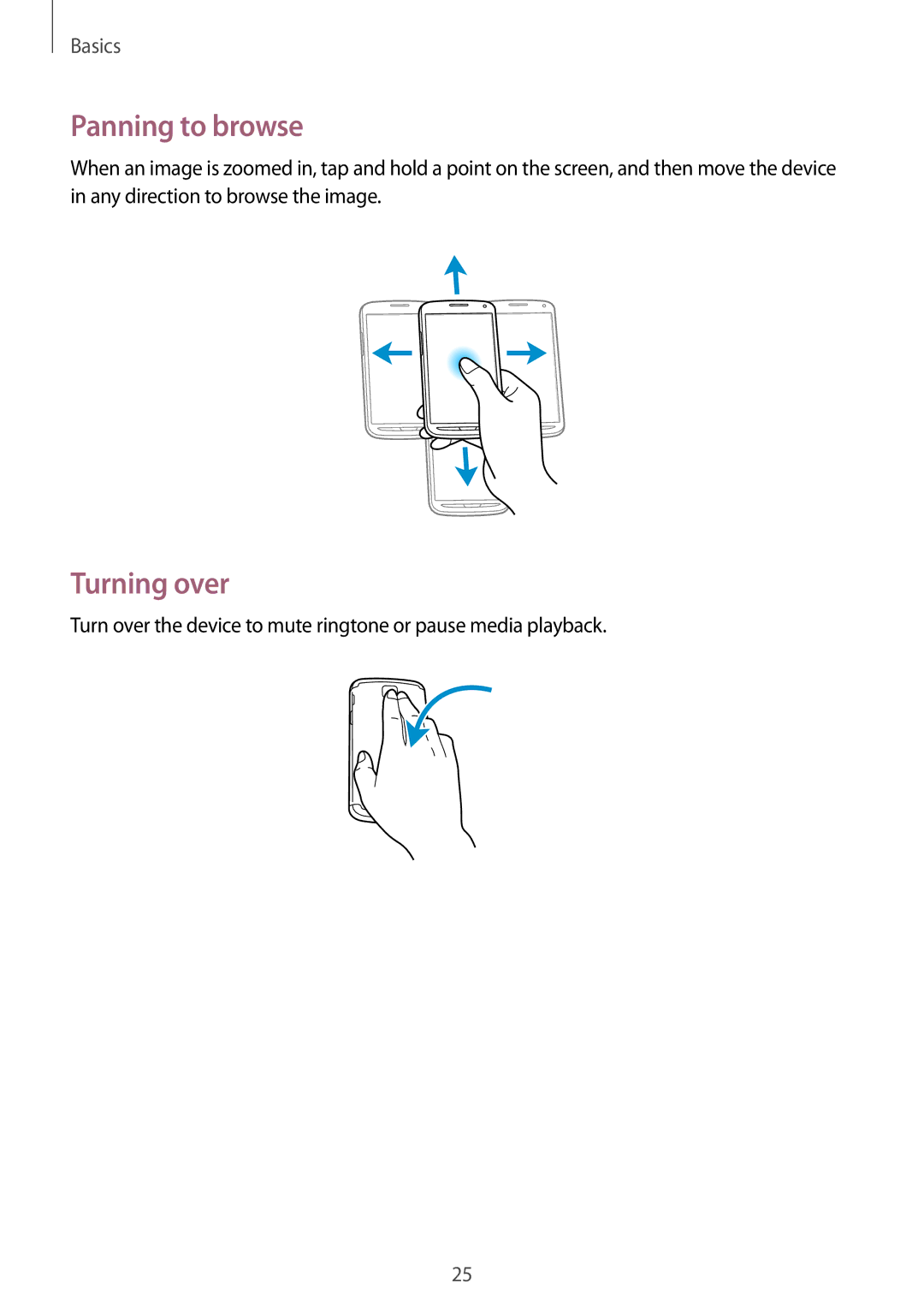 Samsung GT-I9295 user manual Panning to browse, Turning over 