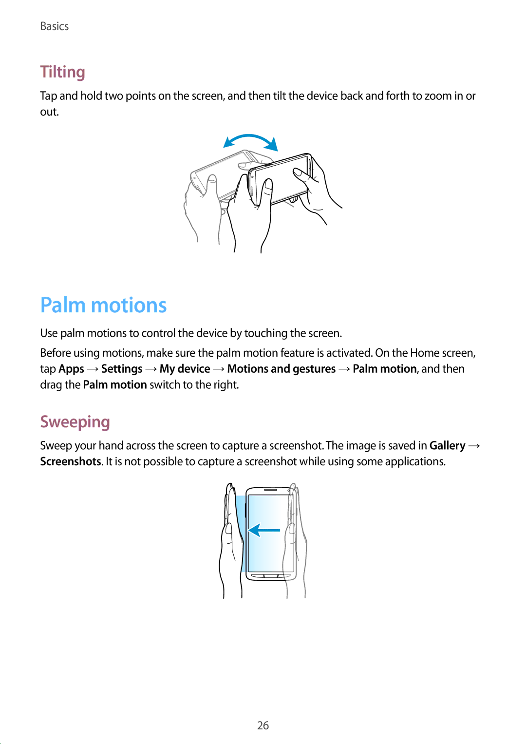 Samsung GT-I9295 user manual Palm motions, Tilting, Sweeping 