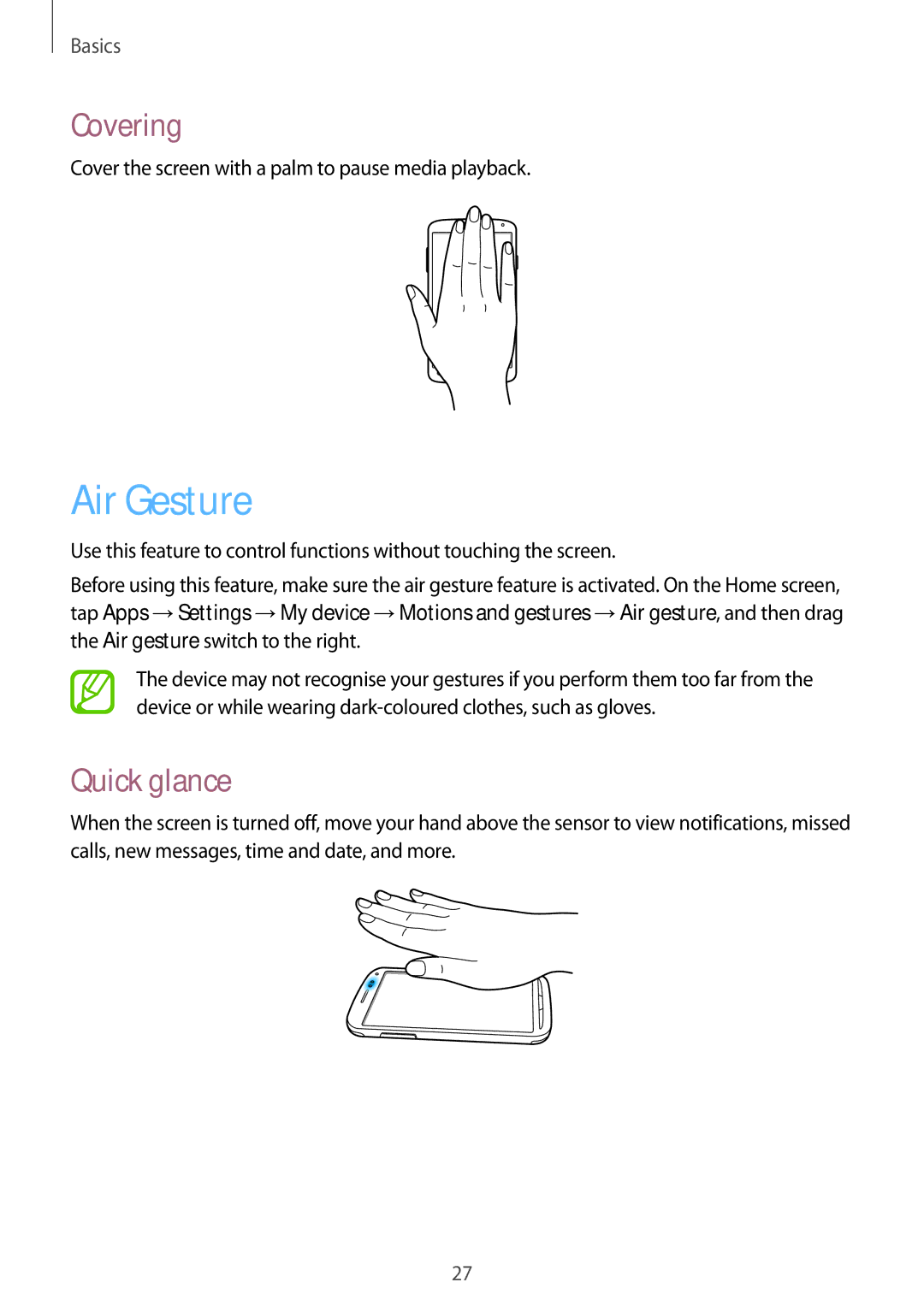 Samsung GT-I9295 user manual Air Gesture, Covering, Quick glance 