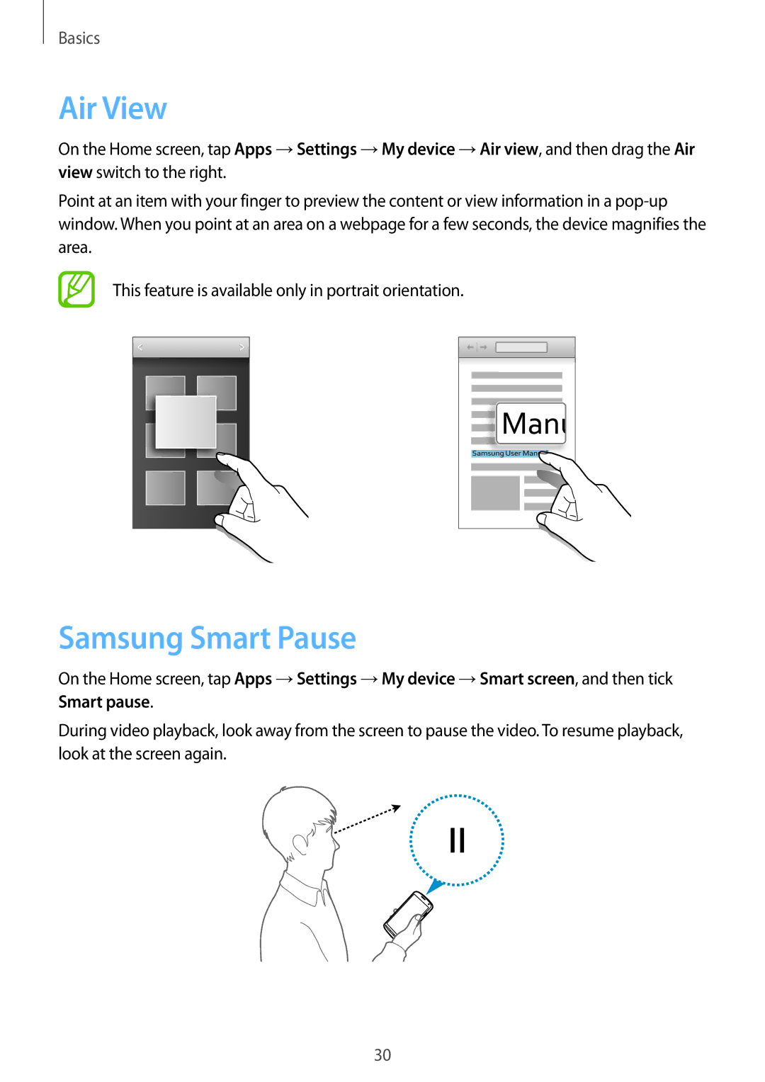 Samsung GT-I9295 user manual Air View, Samsung Smart Pause 