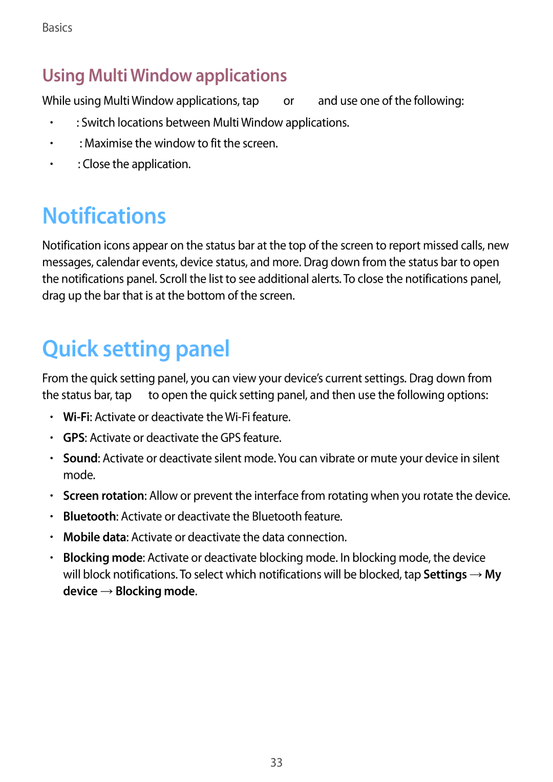 Samsung GT-I9295 user manual Notifications, Quick setting panel, Using Multi Window applications 