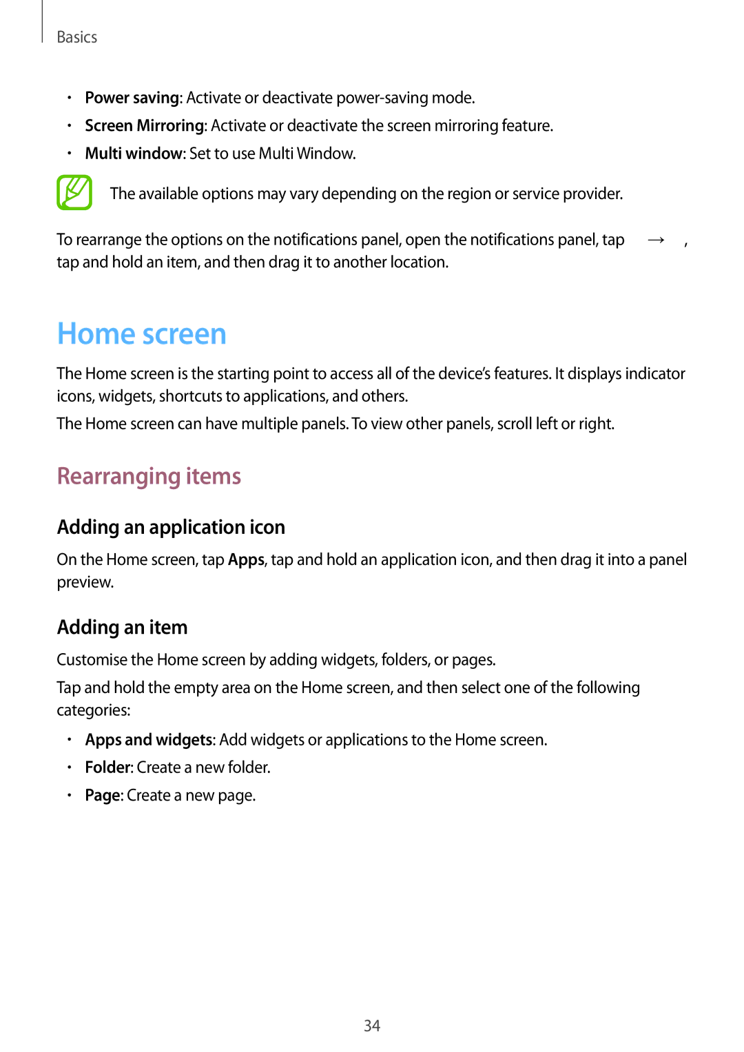 Samsung GT-I9295 user manual Home screen, Rearranging items, Adding an application icon, Adding an item 