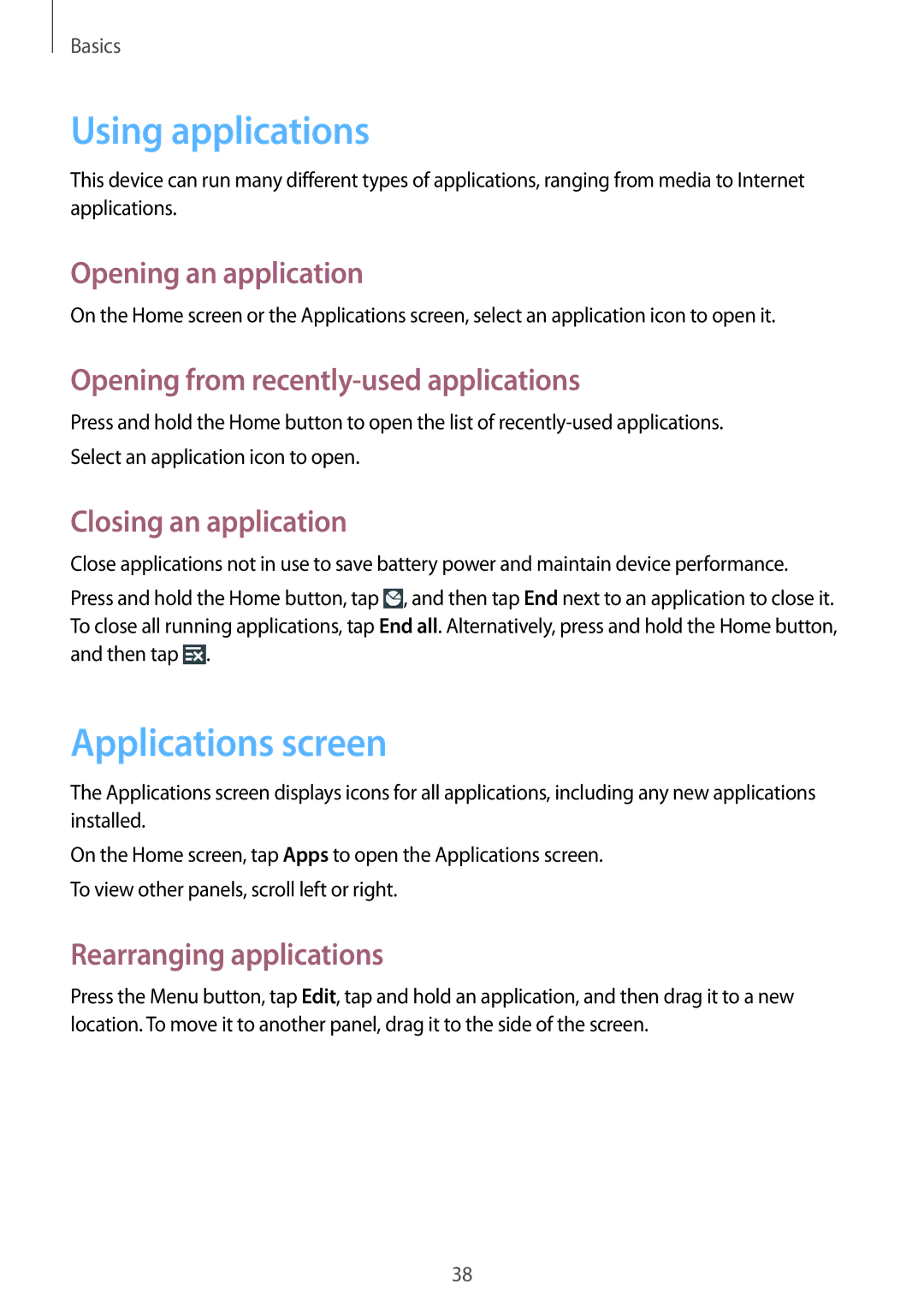 Samsung GT-I9295 user manual Using applications, Applications screen 