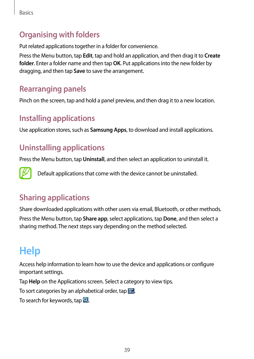 Samsung GT-I9295 Help, Organising with folders, Installing applications, Uninstalling applications, Sharing applications 