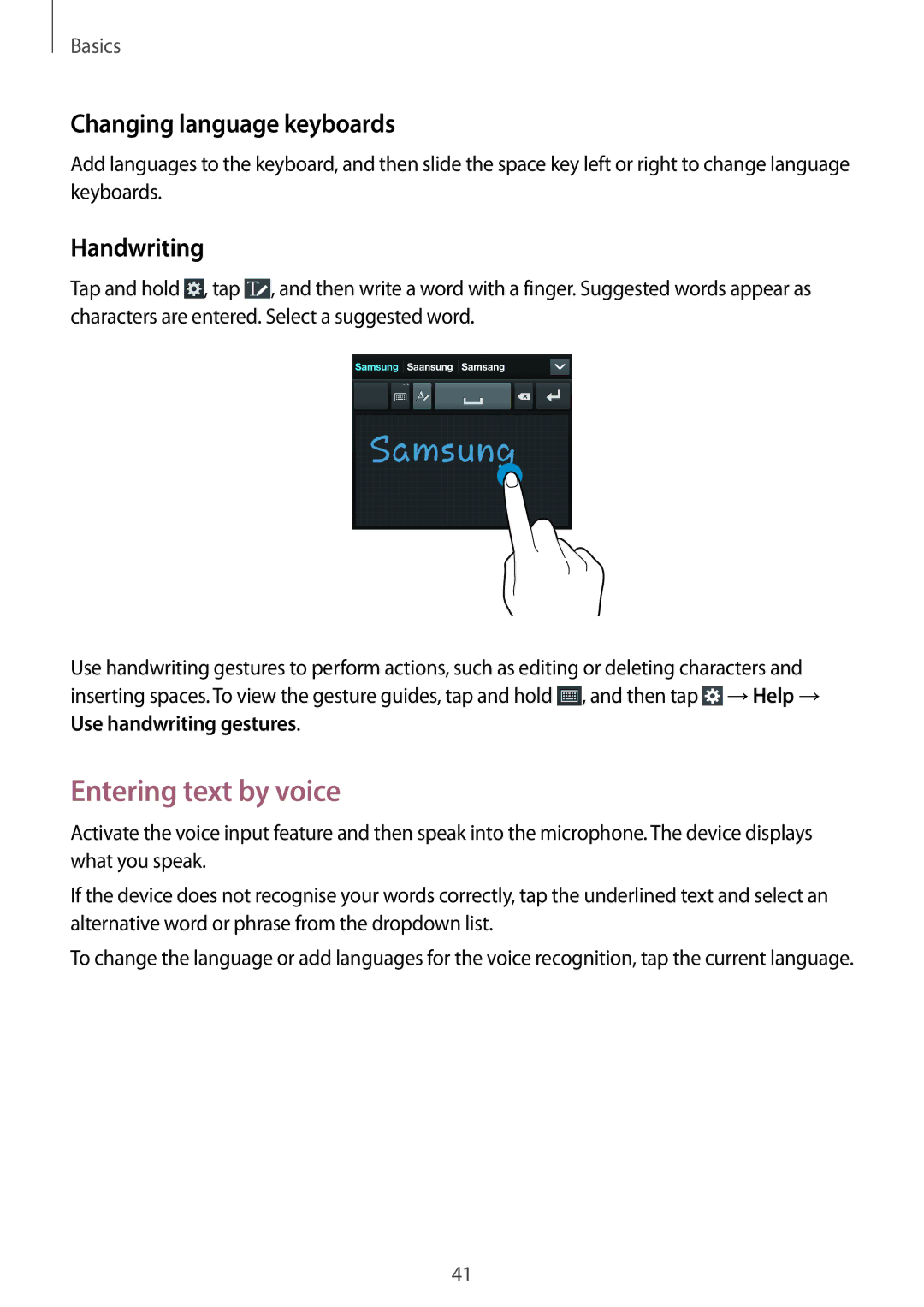 Samsung GT-I9295 user manual Entering text by voice, Changing language keyboards, Handwriting 