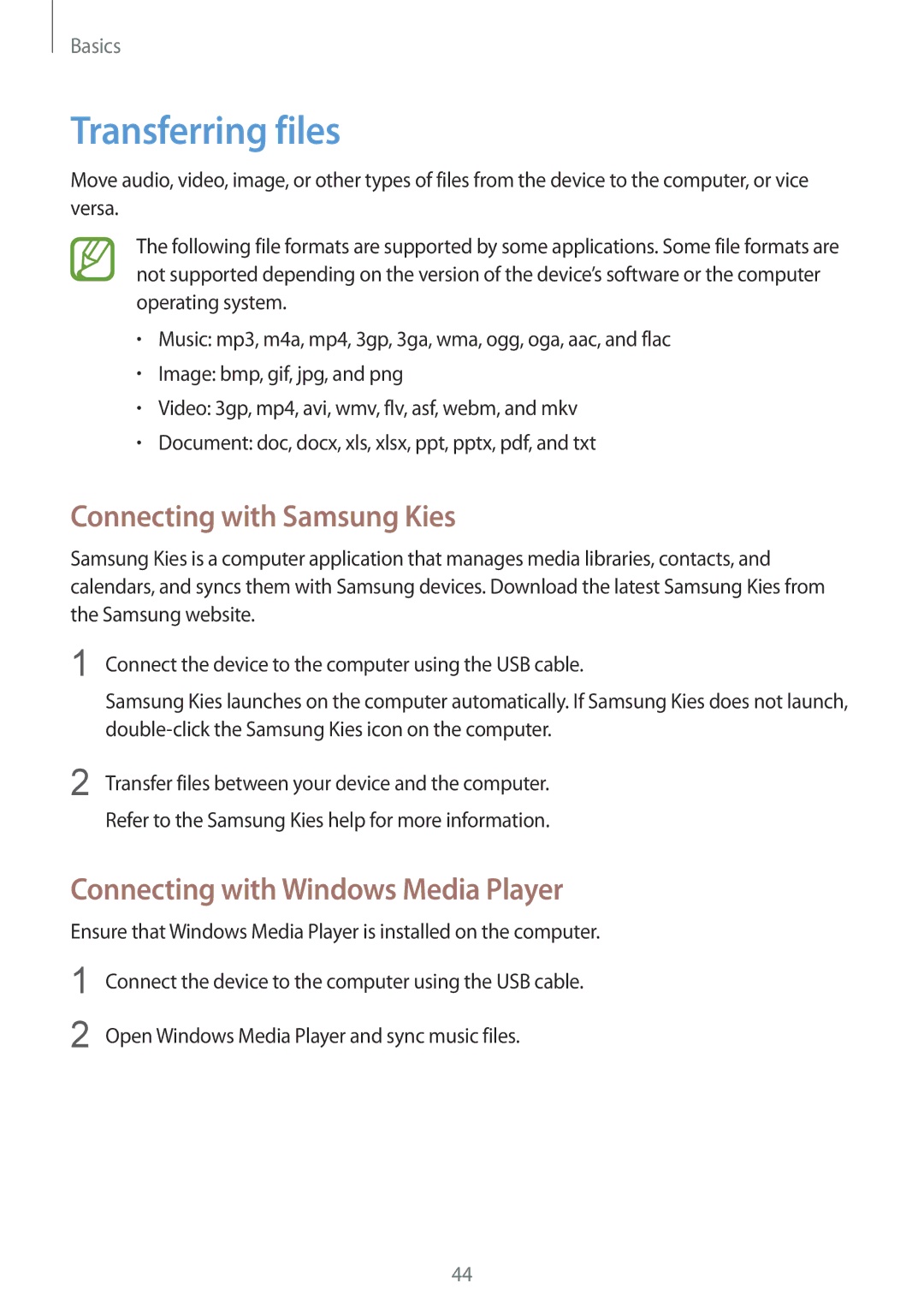 Samsung GT-I9295 user manual Transferring files, Connecting with Samsung Kies, Connecting with Windows Media Player 