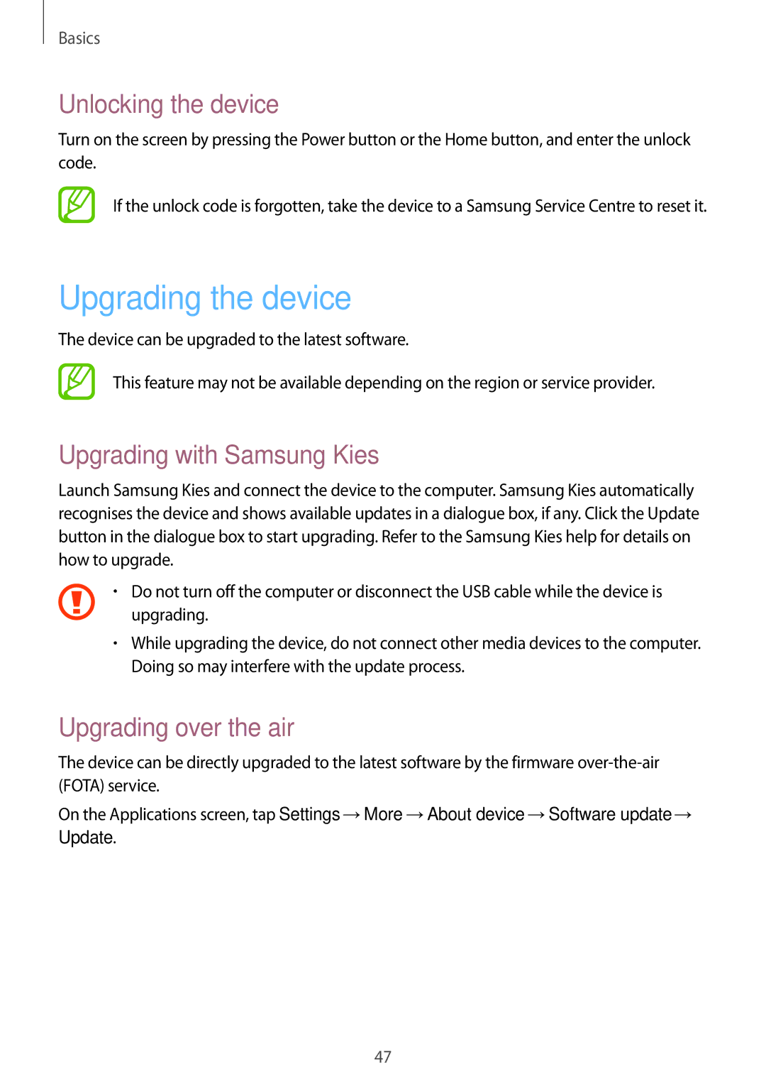 Samsung GT-I9295 Upgrading the device, Unlocking the device, Upgrading with Samsung Kies, Upgrading over the air 