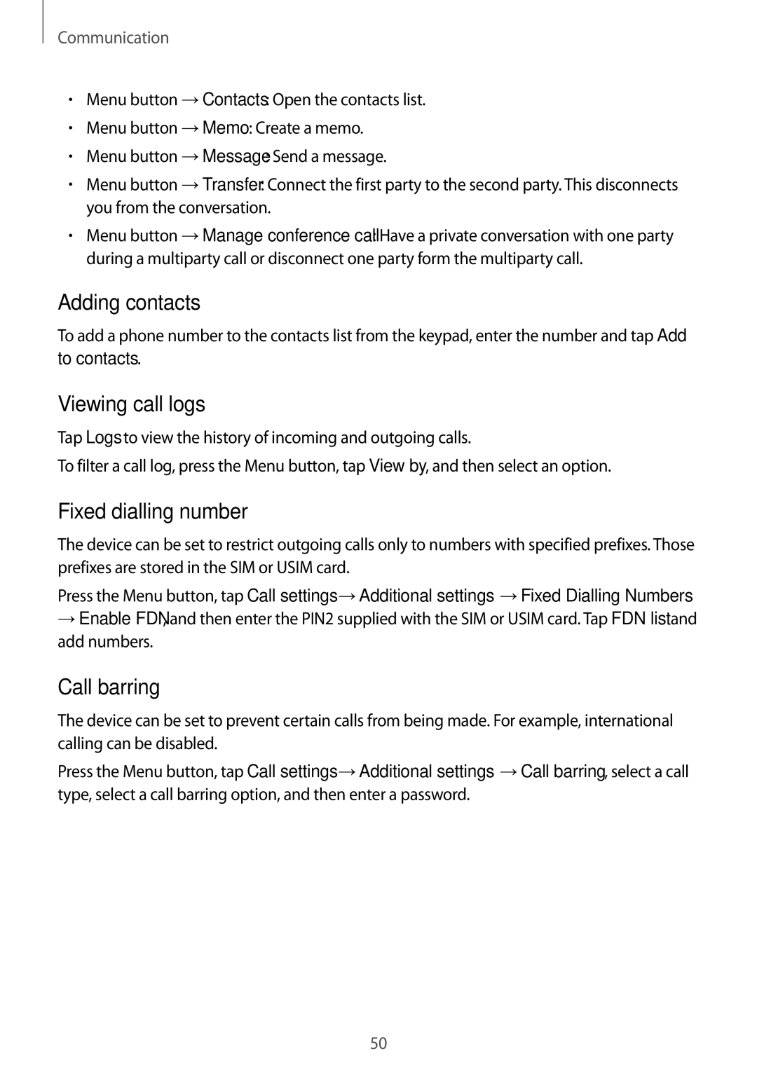 Samsung GT-I9295 user manual Adding contacts, Viewing call logs, Fixed dialling number, Call barring 