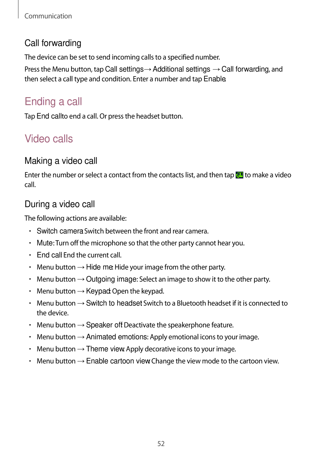 Samsung GT-I9295 user manual Ending a call, Video calls, Call forwarding, Making a video call, During a video call 