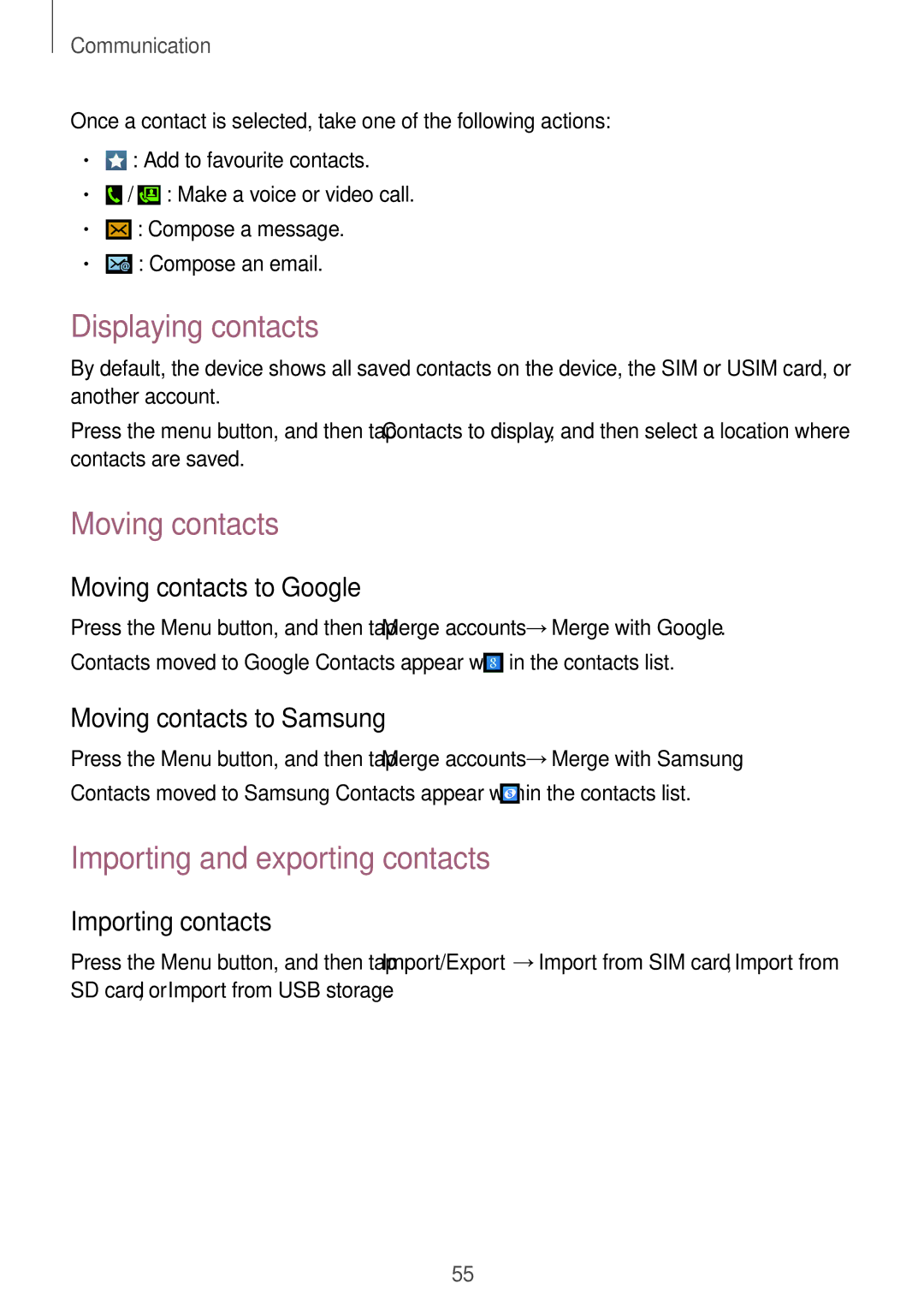 Samsung GT-I9295 user manual Displaying contacts, Moving contacts, Importing and exporting contacts 