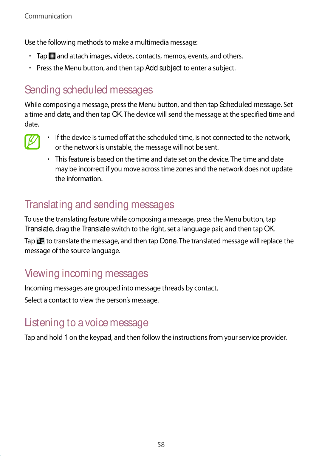 Samsung GT-I9295 user manual Sending scheduled messages, Translating and sending messages, Viewing incoming messages 