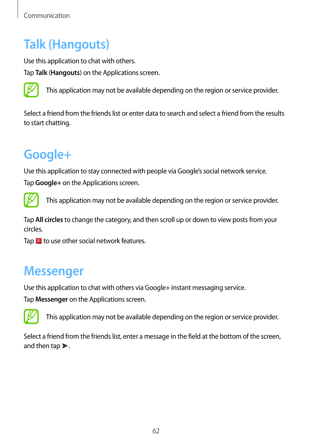 Samsung GT-I9295 user manual Talk Hangouts, Google+, Messenger 