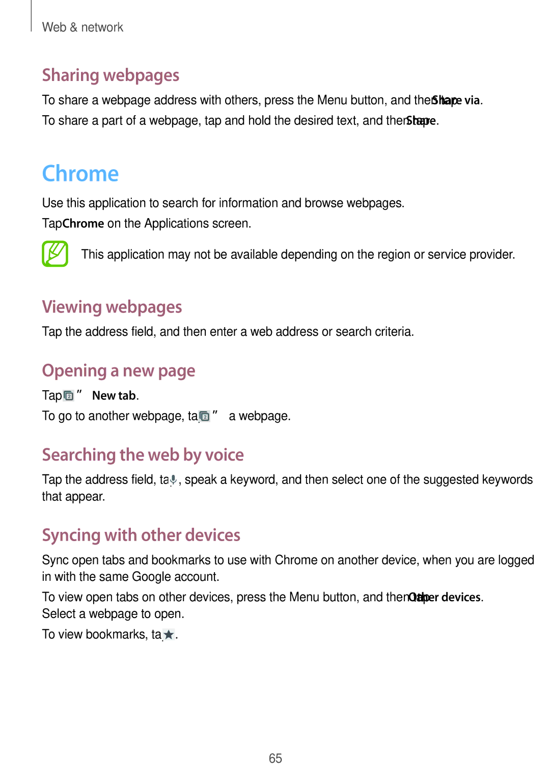 Samsung GT-I9295 user manual Chrome, Sharing webpages, Searching the web by voice, Syncing with other devices, Tap →New tab 