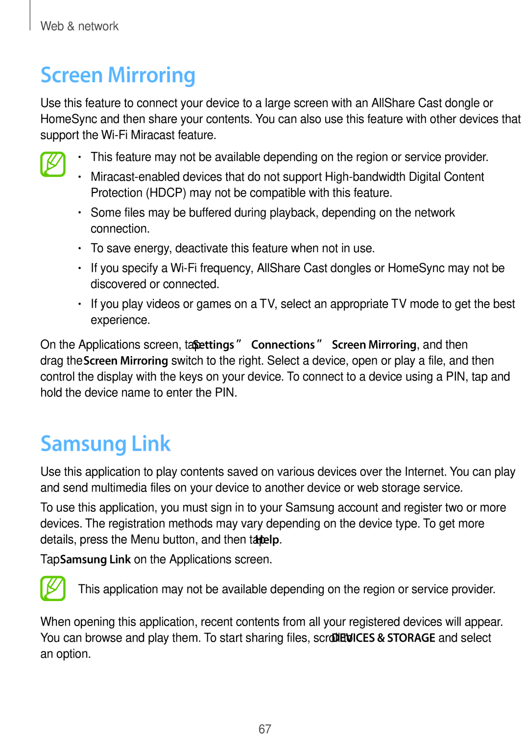 Samsung GT-I9295 user manual Screen Mirroring, Samsung Link 