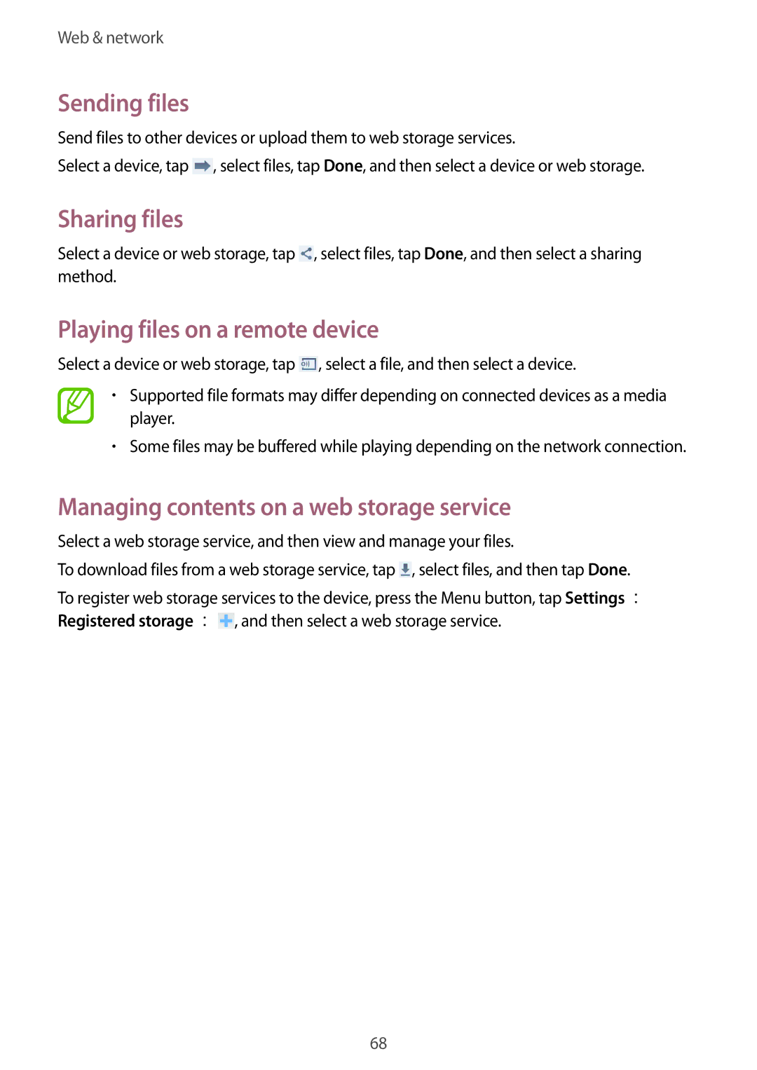 Samsung GT-I9295 user manual Sending files, Sharing files, Playing files on a remote device 