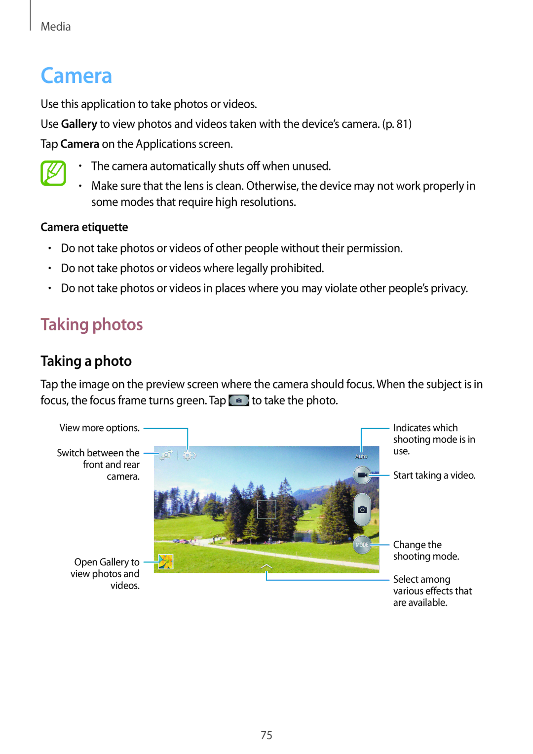 Samsung GT-I9295 user manual Taking photos, Taking a photo, Camera etiquette 