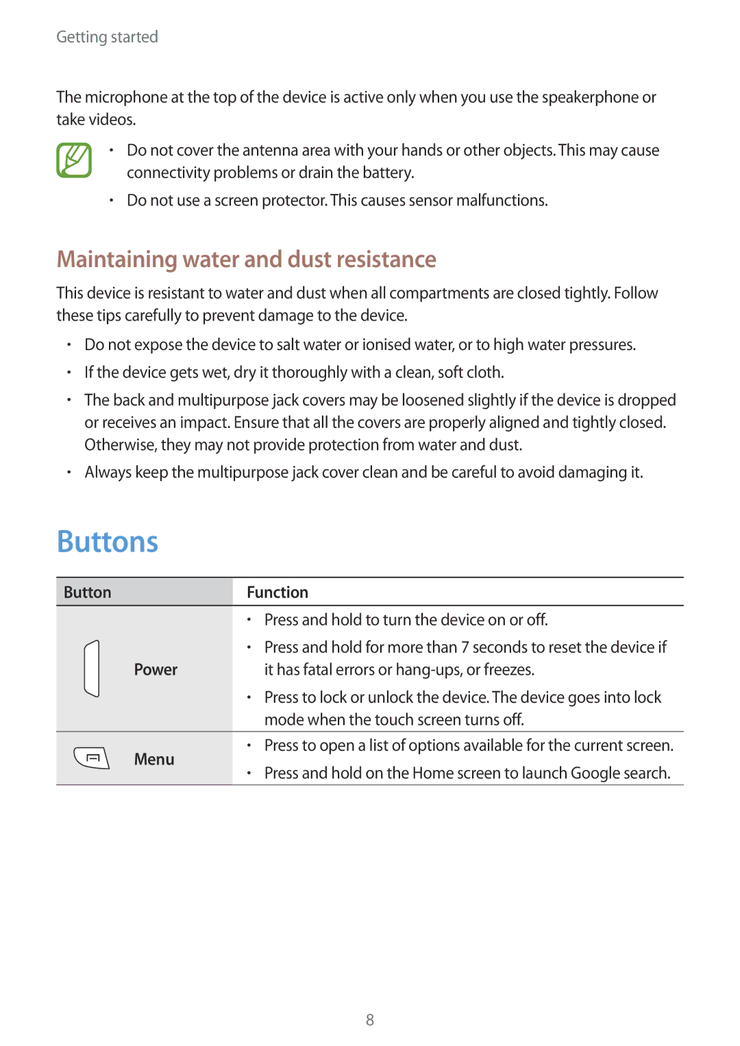 Samsung GT-I9295 user manual Buttons, Maintaining water and dust resistance, Button Function, Power, Menu 