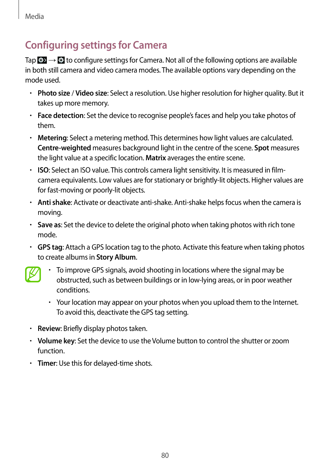 Samsung GT-I9295 user manual Configuring settings for Camera 